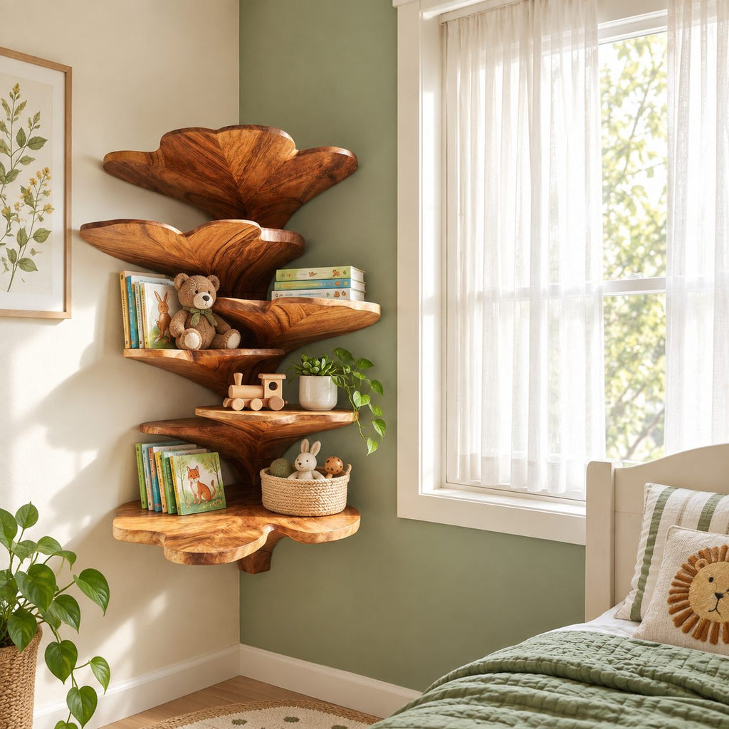 Ginkgo Leaf Corner Shelf Tower, Tiered Carved Solid Wood Floating Corner Shelf for Bedroom and Bathroom