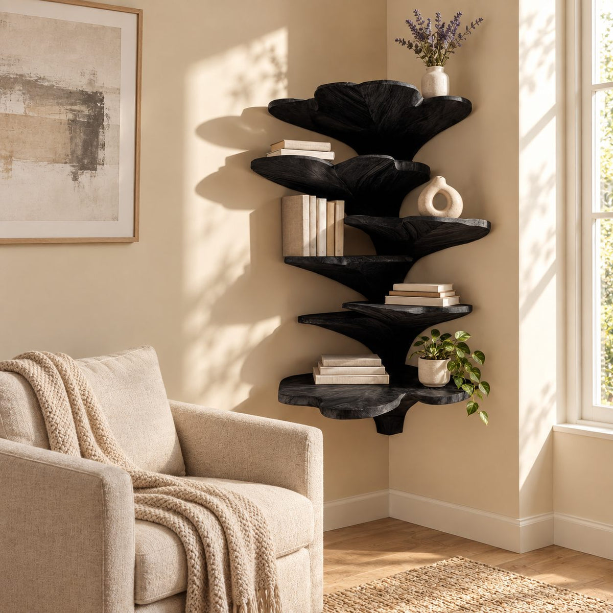 Ginkgo Leaf Corner Shelf Tower, Tiered Carved Solid Wood Floating Corner Shelf for Bedroom and Bathroom