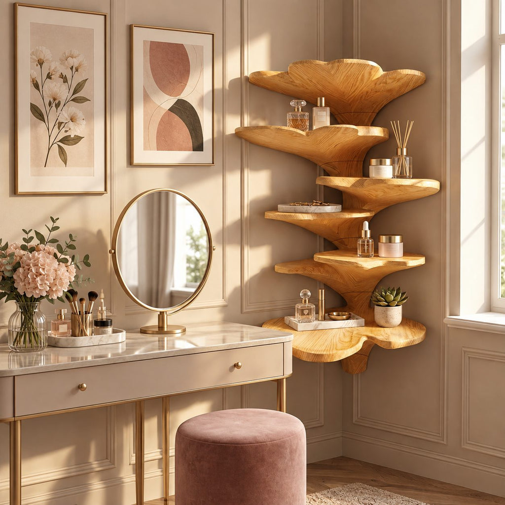 Ginkgo Leaf Corner Shelf Tower, Tiered Carved Solid Wood Floating Corner Shelf for Bedroom and Bathroom