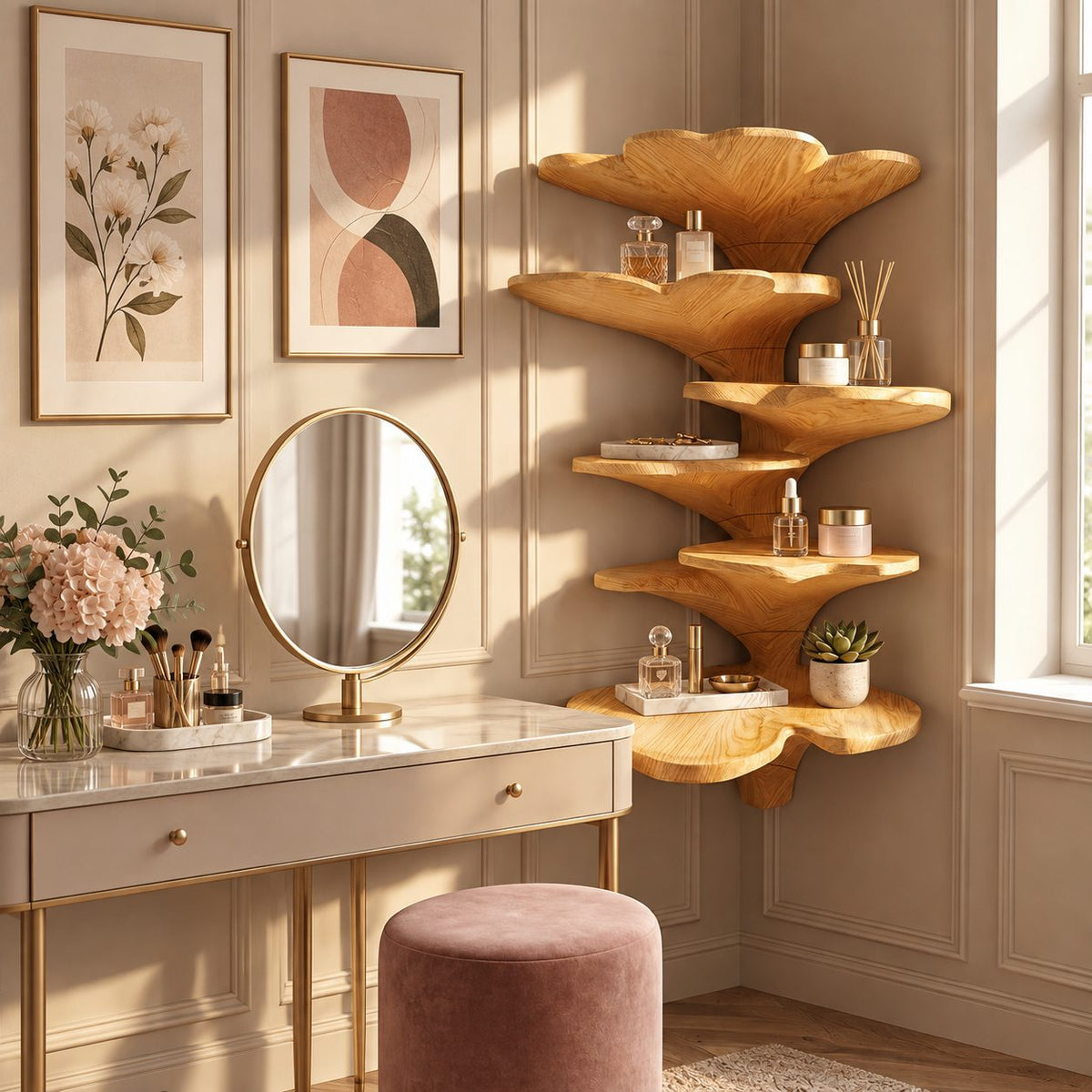 Ginkgo Leaf Corner Shelf Tower, Tiered Carved Solid Wood Floating Corner Shelf for Bedroom and Bathroom