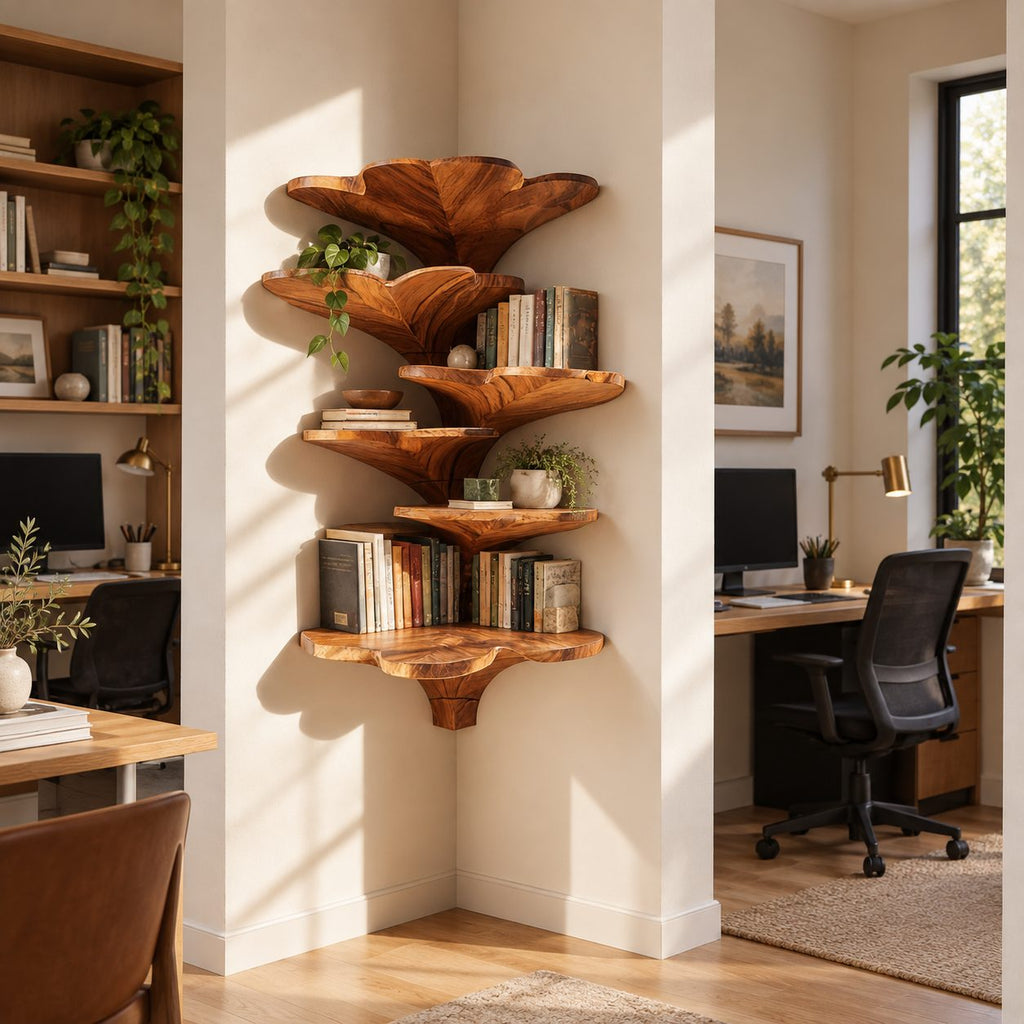 Ginkgo Leaf Corner Shelf Tower, Tiered Carved Solid Wood Floating Corner Shelf for Bedroom and Bathroom