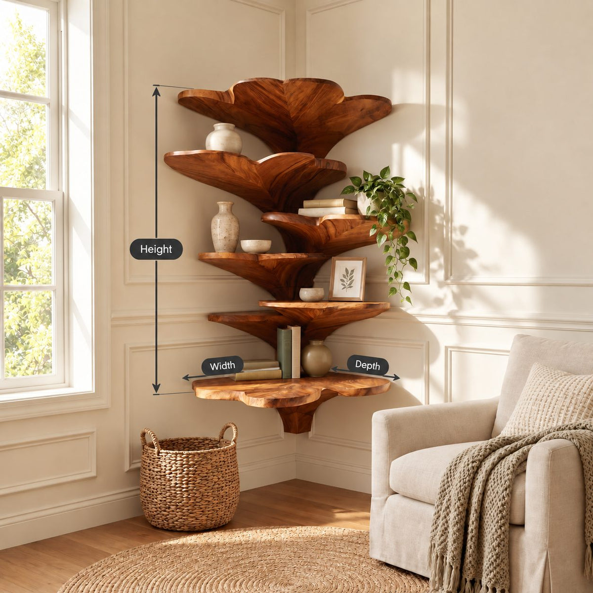 Ginkgo Leaf Corner Shelf Tower, Tiered Carved Solid Wood Floating Corner Shelf for Bedroom and Bathroom