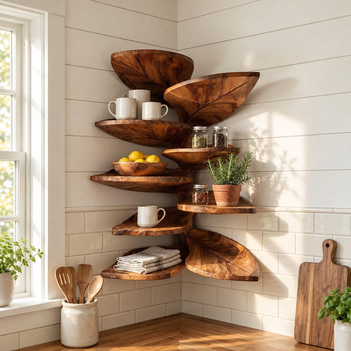 Alternating Leaf Corner Shelf Tower, Carved Vein Solid Wood Floating Tiered Corner Shelf for Kitchen and Bath