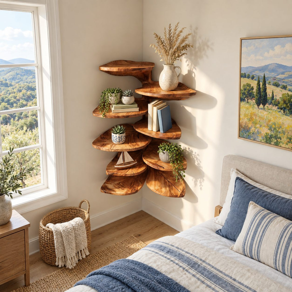 Alternating Leaf Corner Shelf Tower, Carved Vein Solid Wood Floating Tiered Corner Shelf for Kitchen and Bath