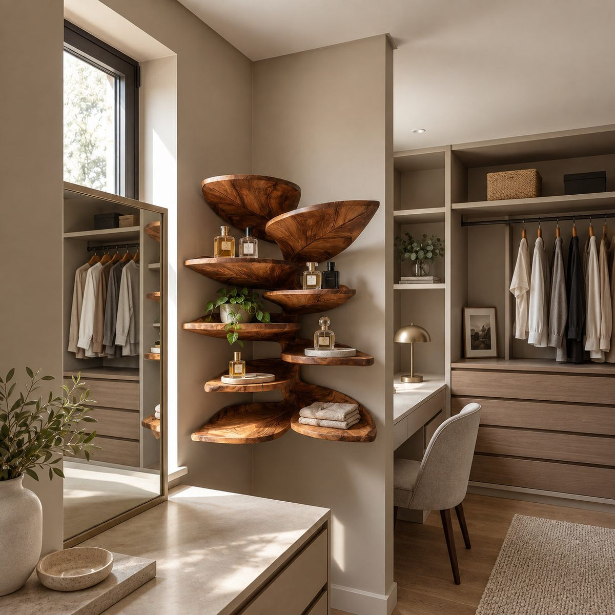 Alternating Leaf Corner Shelf Tower, Carved Vein Solid Wood Floating Tiered Corner Shelf for Kitchen and Bath