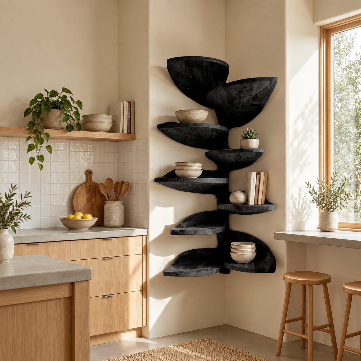 Alternating Leaf Corner Shelf Tower, Carved Vein Solid Wood Floating Tiered Corner Shelf for Kitchen and Bath