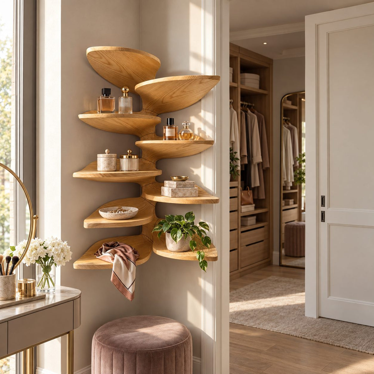 Alternating Leaf Corner Shelf Tower, Carved Vein Solid Wood Floating Tiered Corner Shelf for Kitchen and Bath