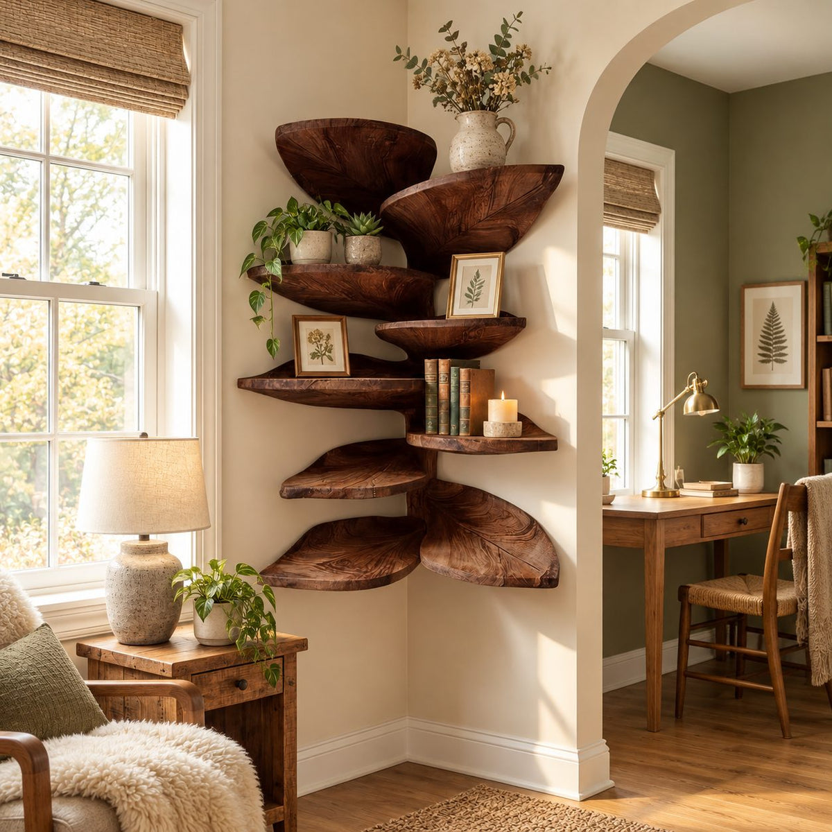 Alternating Leaf Corner Shelf Tower, Carved Vein Solid Wood Floating Tiered Corner Shelf for Kitchen and Bath