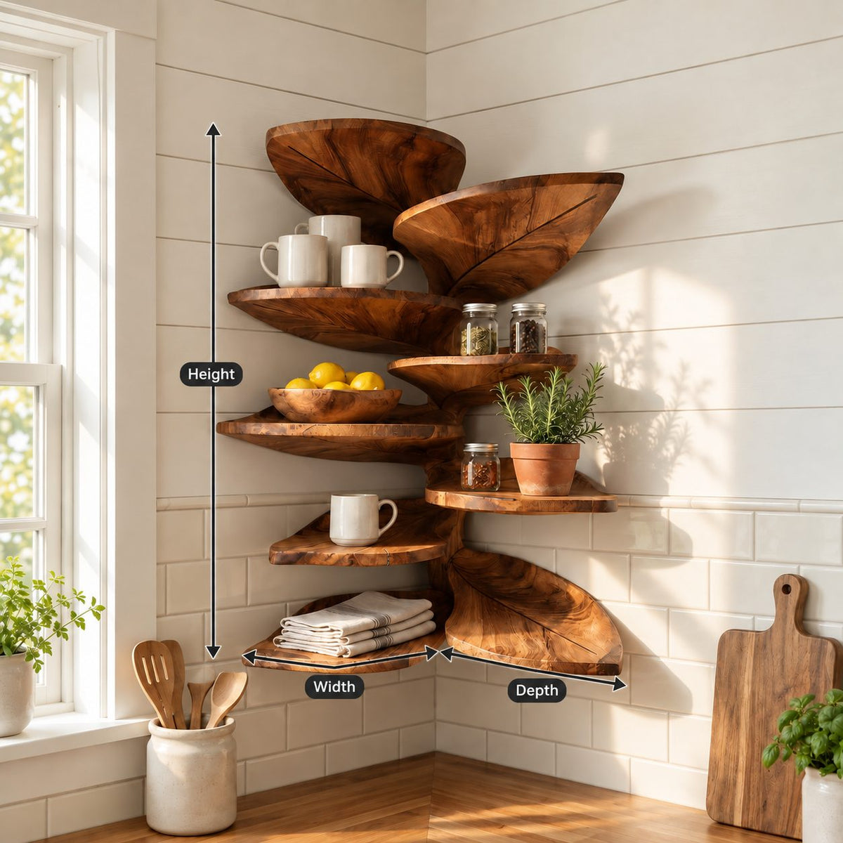 Alternating Leaf Corner Shelf Tower, Carved Vein Solid Wood Floating Tiered Corner Shelf for Kitchen and Bath