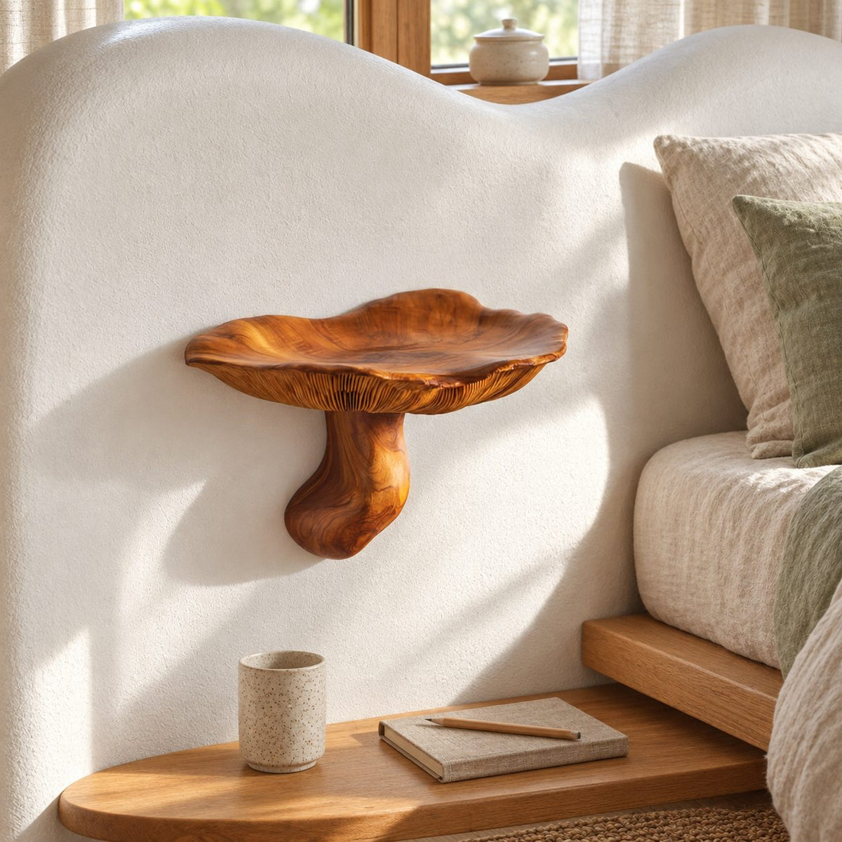 Bedside Mushroom Floating Shelf, Gill Carved Solid Wood Wall Shelf with Curved Stem for Bedroom