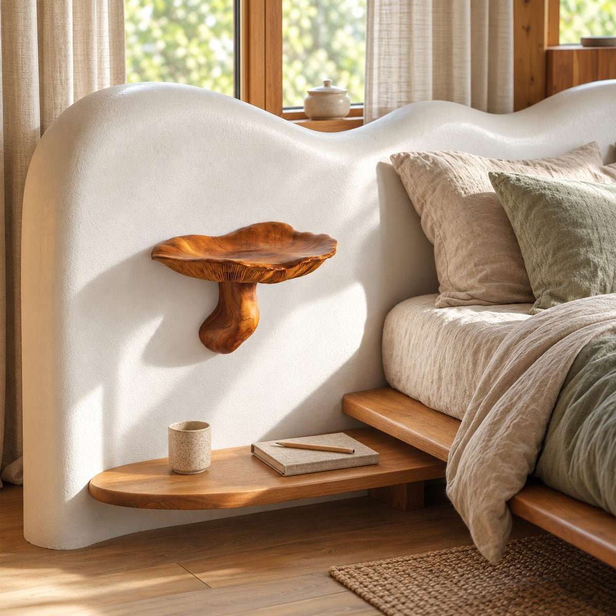 Bedside Mushroom Floating Shelf, Gill Carved Solid Wood Wall Shelf with Curved Stem for Bedroom