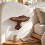 Bedside Mushroom Floating Shelf, Gill Carved Solid Wood Wall Shelf with Curved Stem for Bedroom