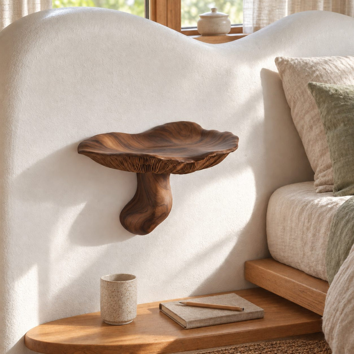 Bedside Mushroom Floating Shelf, Gill Carved Solid Wood Wall Shelf with Curved Stem for Bedroom