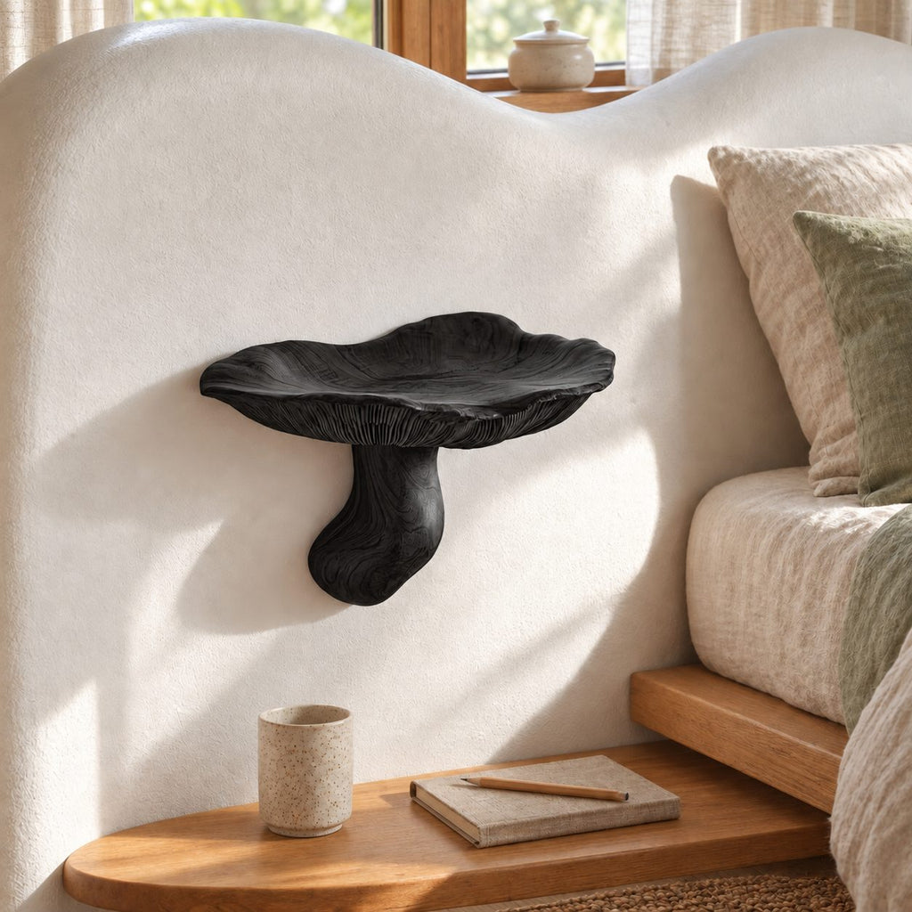 Bedside Mushroom Floating Shelf, Gill Carved Solid Wood Wall Shelf with Curved Stem for Bedroom