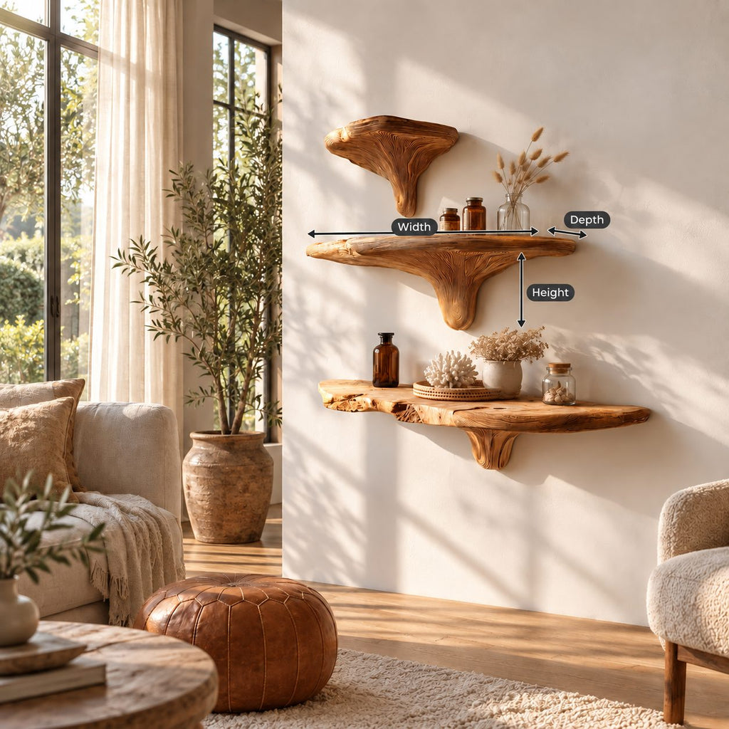 Woodland Mushroom Floating Shelves, Live Edge Solid Wood Ledges on Carved Mushroom Stems with Cap Shelf