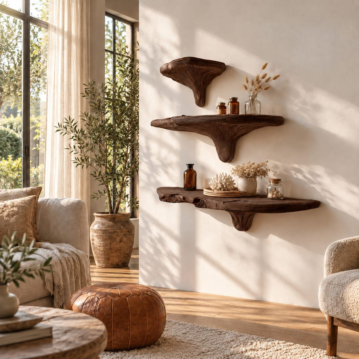 Woodland Mushroom Floating Shelves, Live Edge Solid Wood Ledges on Carved Mushroom Stems with Cap Shelf
