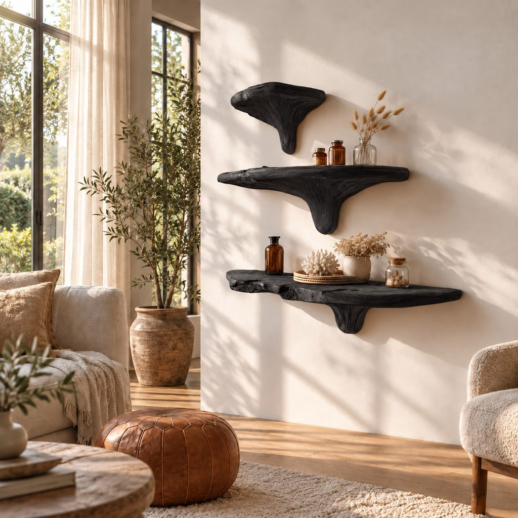Woodland Mushroom Floating Shelves, Live Edge Solid Wood Ledges on Carved Mushroom Stems with Cap Shelf