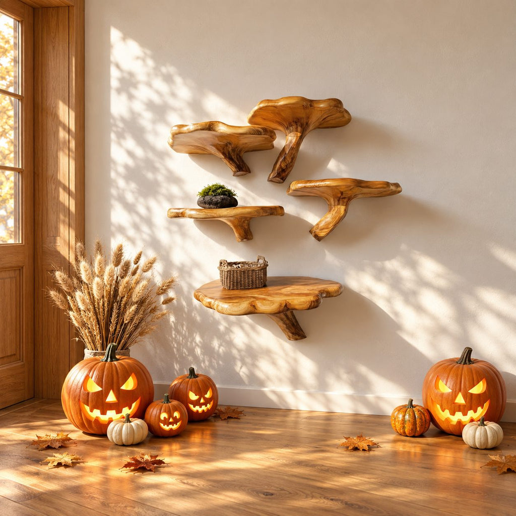 Branch Leg Mushroom Floating Shelf, Live Edge Solid Wood Wall Shelf on a Curved Natural Branch Bracket