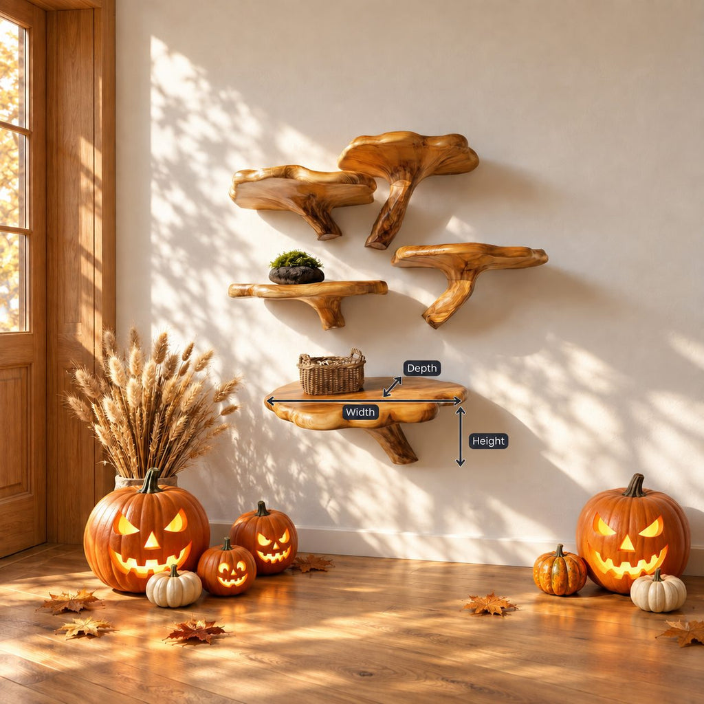 Branch Leg Mushroom Floating Shelf, Live Edge Solid Wood Wall Shelf on a Curved Natural Branch Bracket