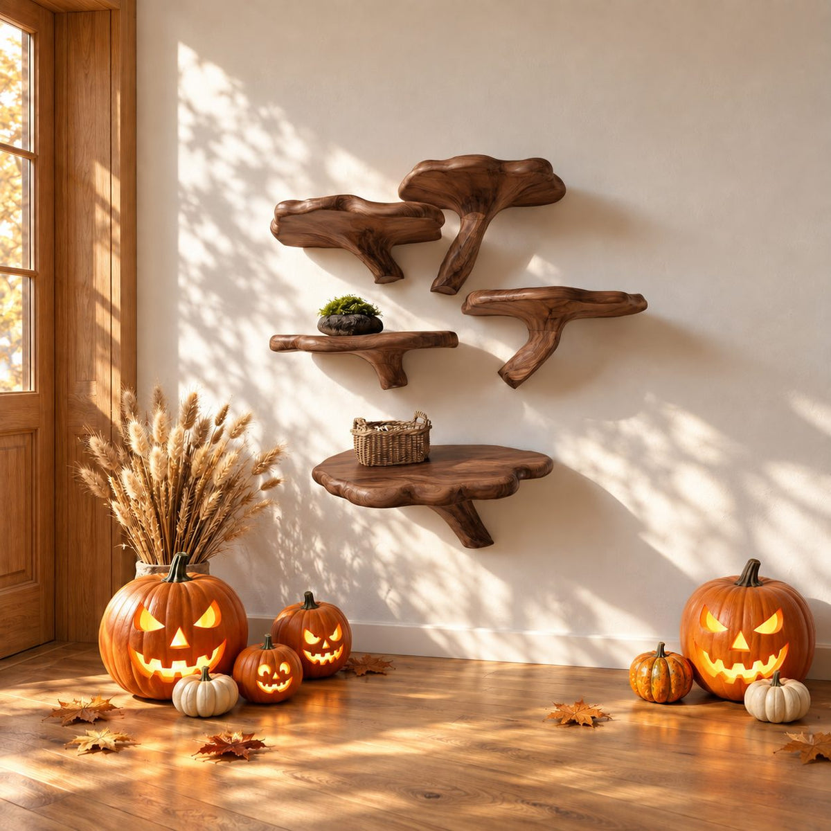 Branch Leg Mushroom Floating Shelf, Live Edge Solid Wood Wall Shelf on a Curved Natural Branch Bracket