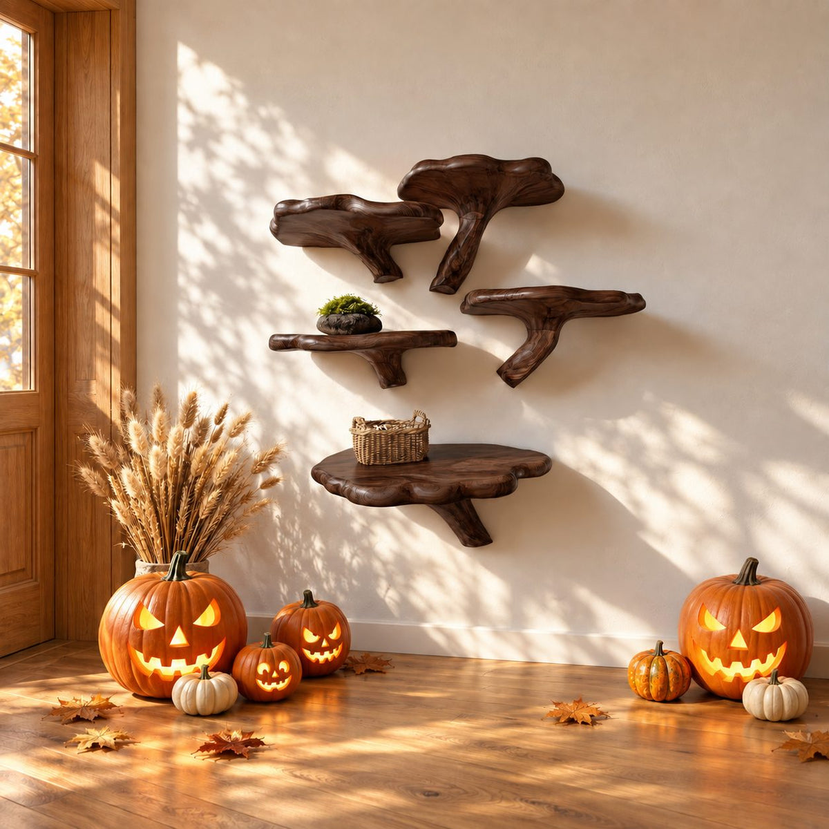 Branch Leg Mushroom Floating Shelf, Live Edge Solid Wood Wall Shelf on a Curved Natural Branch Bracket