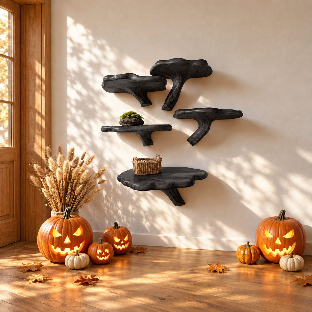 Branch Leg Mushroom Floating Shelf, Live Edge Solid Wood Wall Shelf on a Curved Natural Branch Bracket