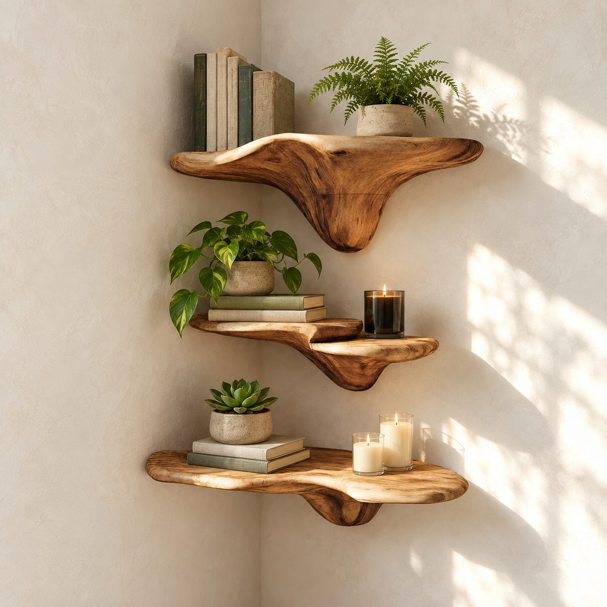 Drip Stem Corner Mushroom Shelves, Sculpted Live Edge Solid Wood Floating Corner Shelves for Living Room