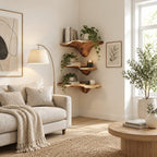 Drip Stem Corner Mushroom Shelves, Sculpted Live Edge Solid Wood Floating Corner Shelves for Living Room