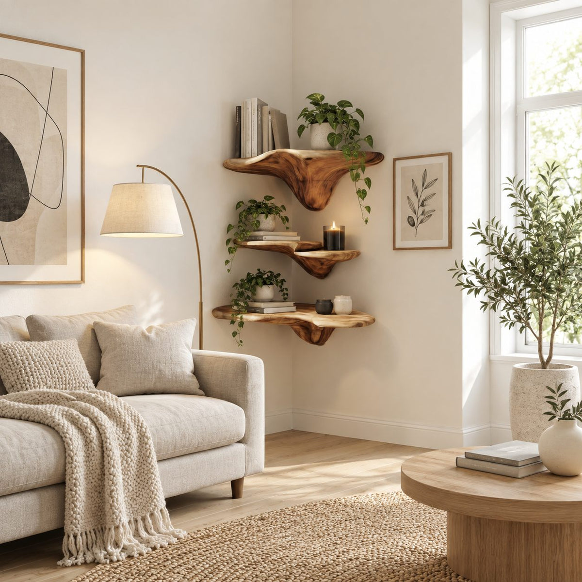 Drip Stem Corner Mushroom Shelves, Sculpted Live Edge Solid Wood Floating Corner Shelves for Living Room