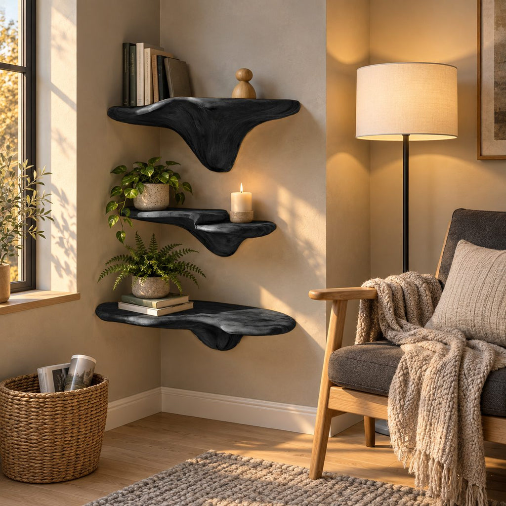 Drip Stem Corner Mushroom Shelves, Sculpted Live Edge Solid Wood Floating Corner Shelves for Living Room