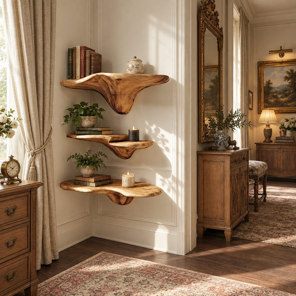Drip Stem Corner Mushroom Shelves, Sculpted Live Edge Solid Wood Floating Corner Shelves for Living Room