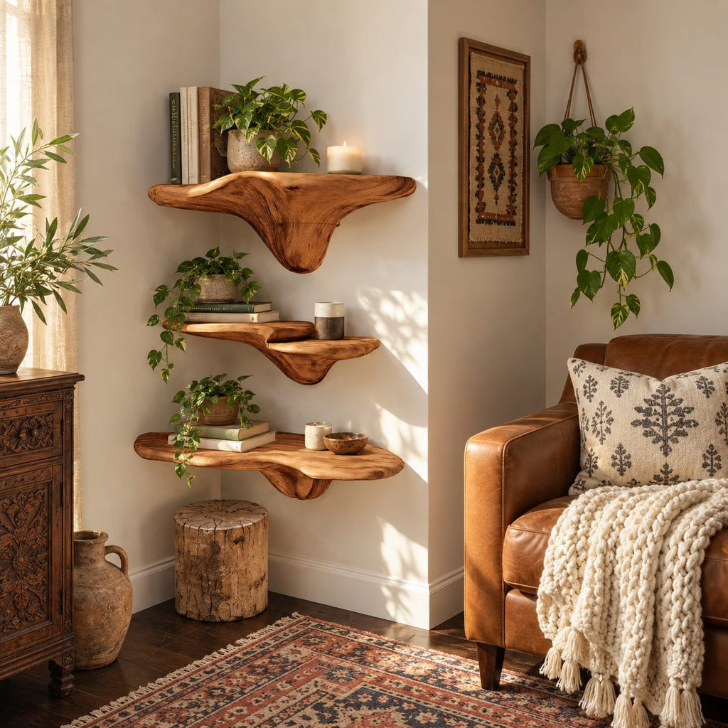 Drip Stem Corner Mushroom Shelves, Sculpted Live Edge Solid Wood Floating Corner Shelves for Living Room