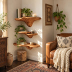 Drip Stem Corner Mushroom Shelves, Sculpted Live Edge Solid Wood Floating Corner Shelves for Living Room