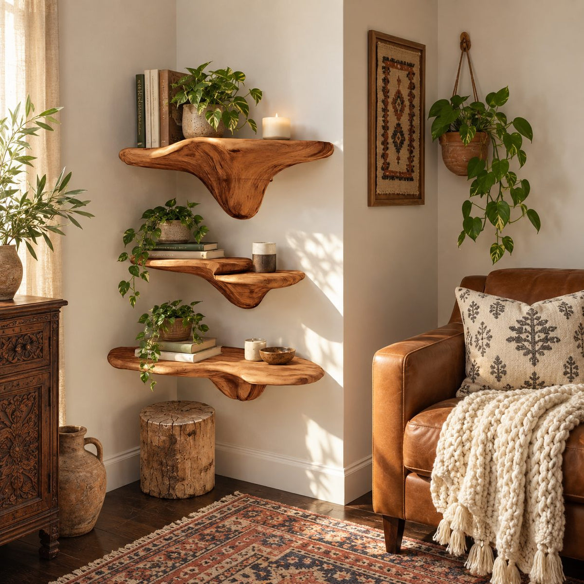 Drip Stem Corner Mushroom Shelves, Sculpted Live Edge Solid Wood Floating Corner Shelves for Living Room