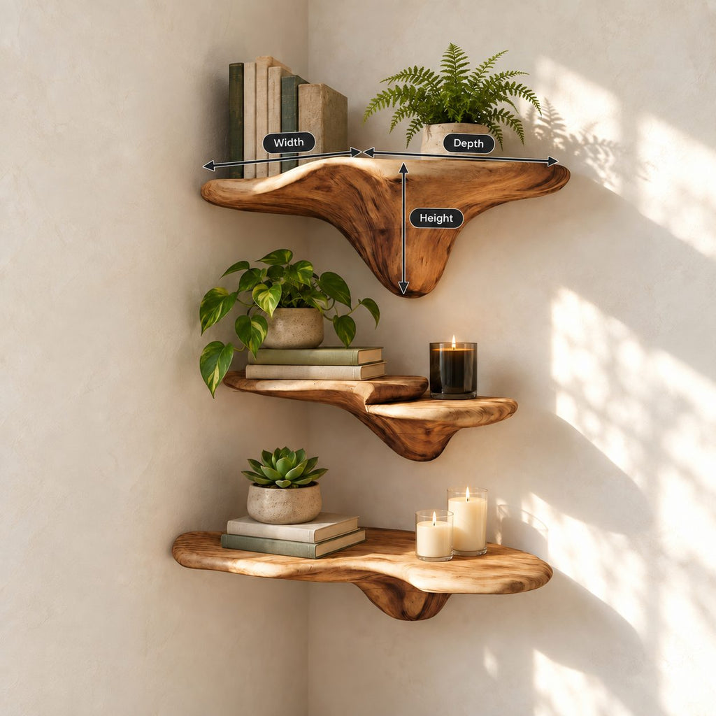 Drip Stem Corner Mushroom Shelves, Sculpted Live Edge Solid Wood Floating Corner Shelves for Living Room