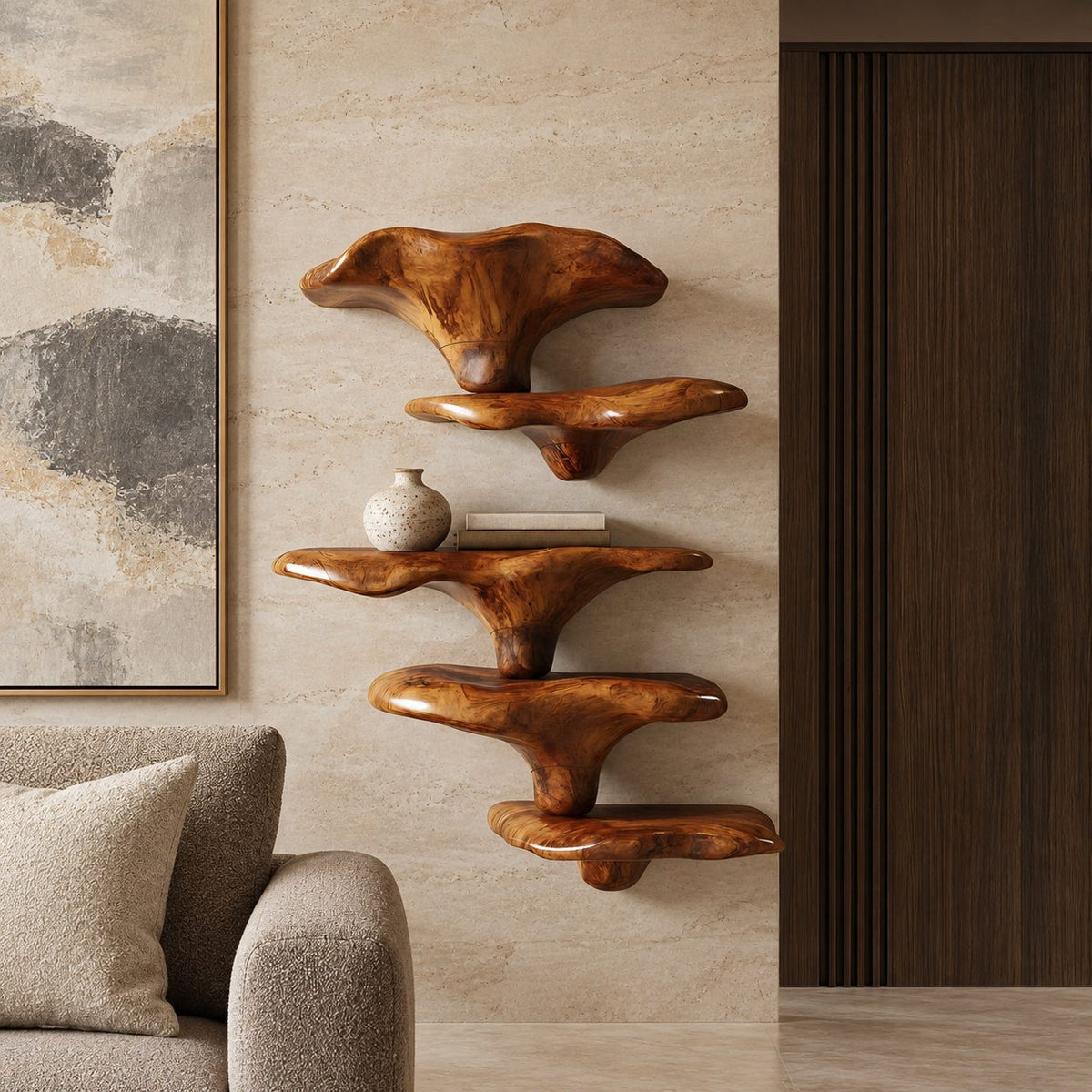 Stacked Mushroom Cap Floating Shelves, Bold Carved Solid Wood Wall Shelves for Living Room