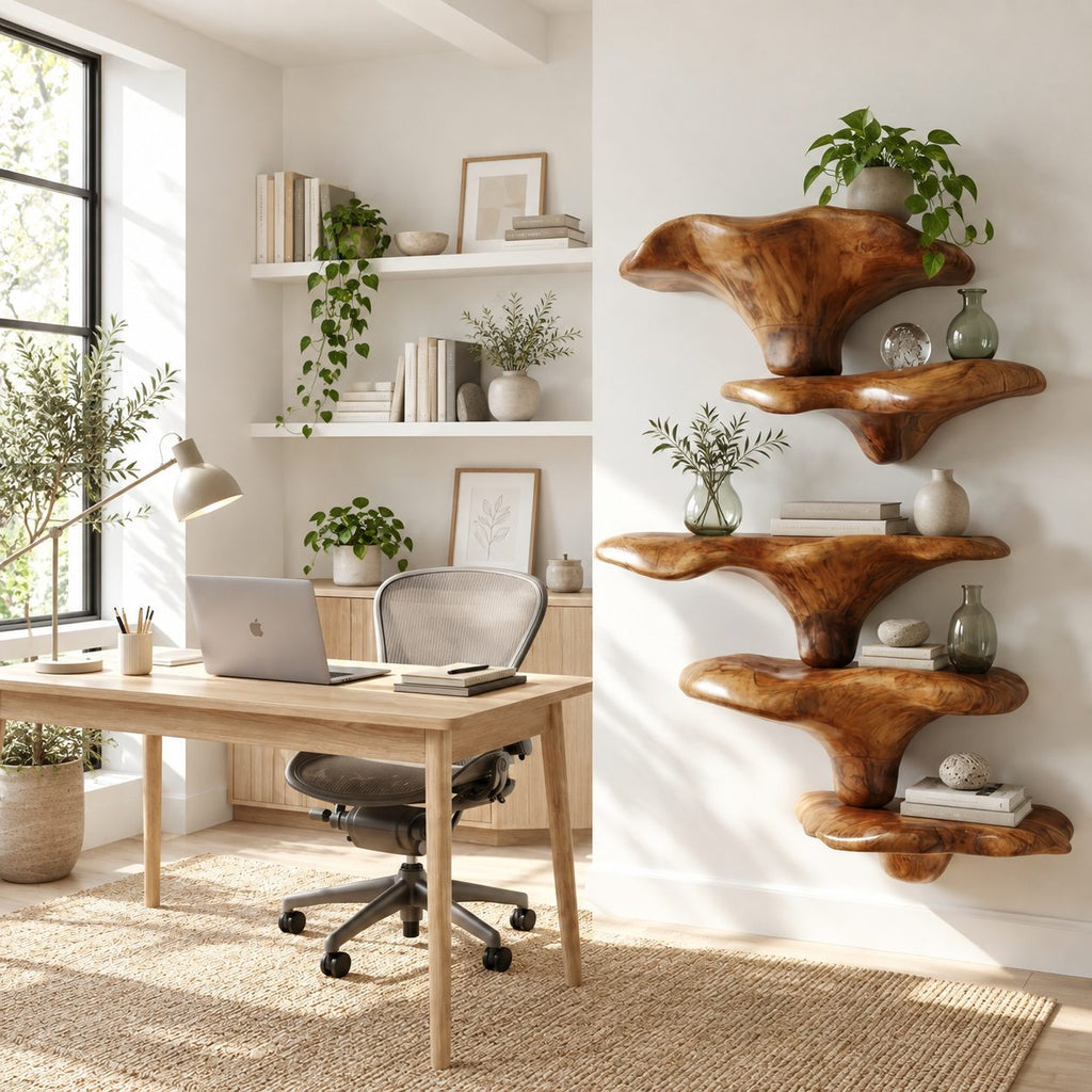 Stacked Mushroom Cap Floating Shelves, Bold Carved Solid Wood Wall Shelves for Living Room