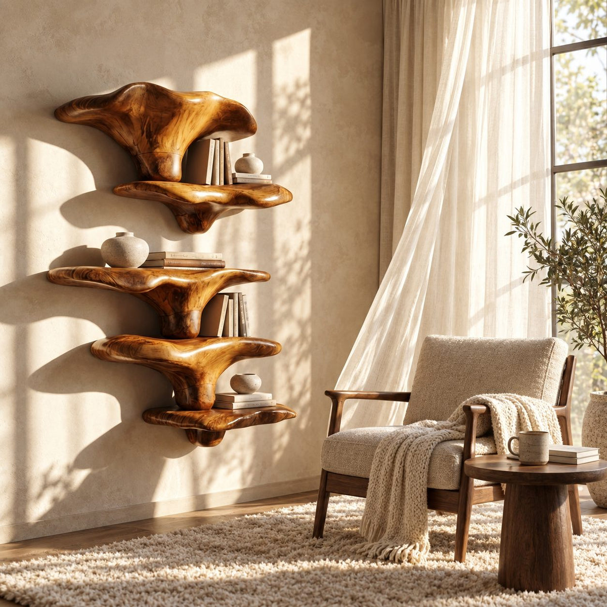 Stacked Mushroom Cap Floating Shelves, Bold Carved Solid Wood Wall Shelves for Living Room