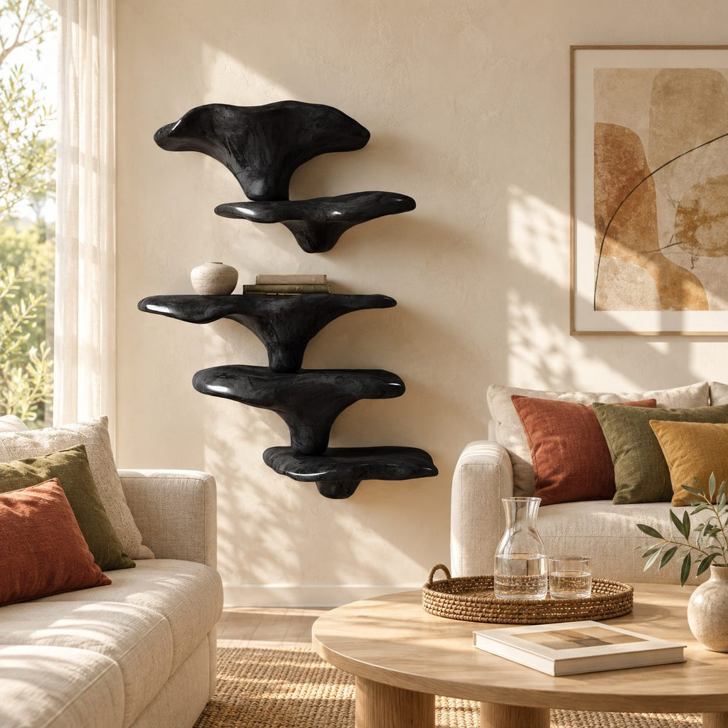 Stacked Mushroom Cap Floating Shelves, Bold Carved Solid Wood Wall Shelves for Living Room