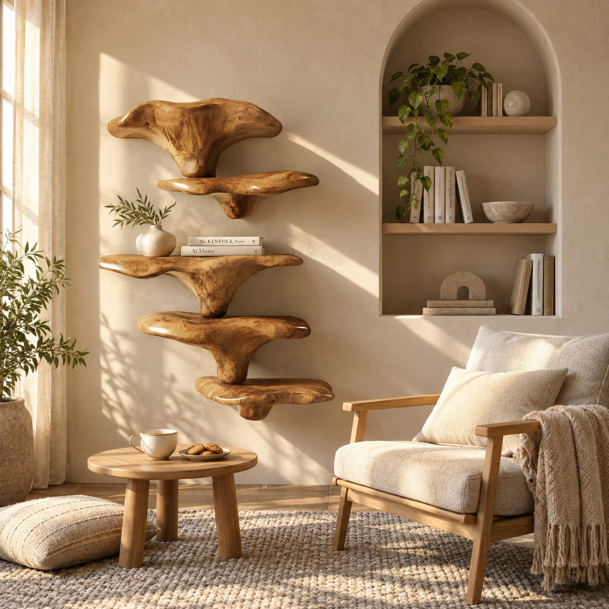 Stacked Mushroom Cap Floating Shelves, Bold Carved Solid Wood Wall Shelves for Living Room