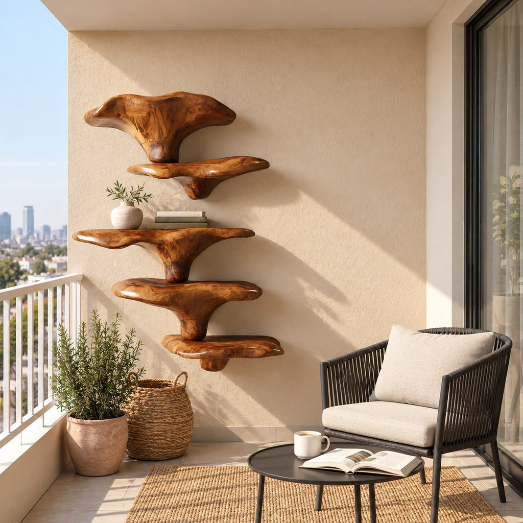 Stacked Mushroom Cap Floating Shelves, Bold Carved Solid Wood Wall Shelves for Living Room
