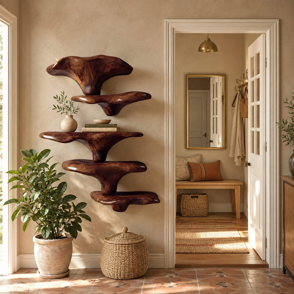 Stacked Mushroom Cap Floating Shelves, Bold Carved Solid Wood Wall Shelves for Living Room