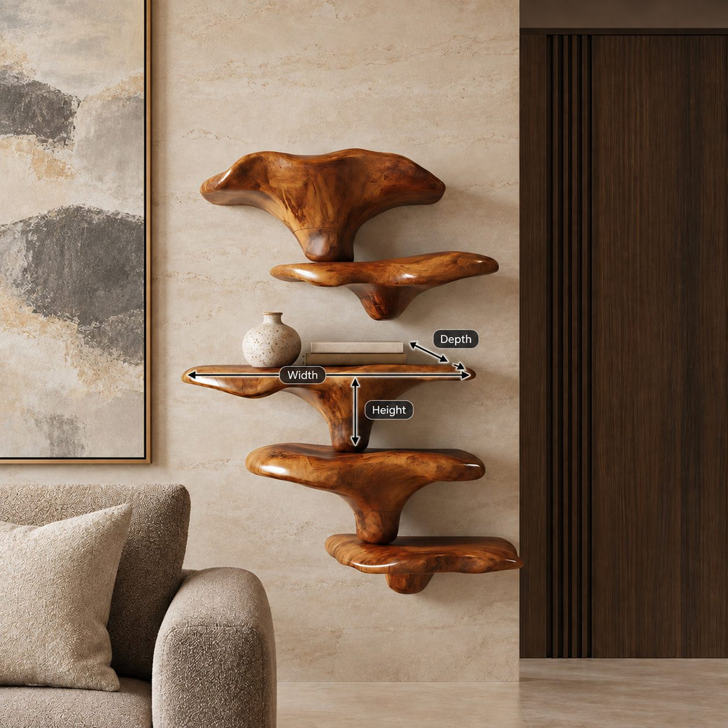 Stacked Mushroom Cap Floating Shelves, Bold Carved Solid Wood Wall Shelves for Living Room