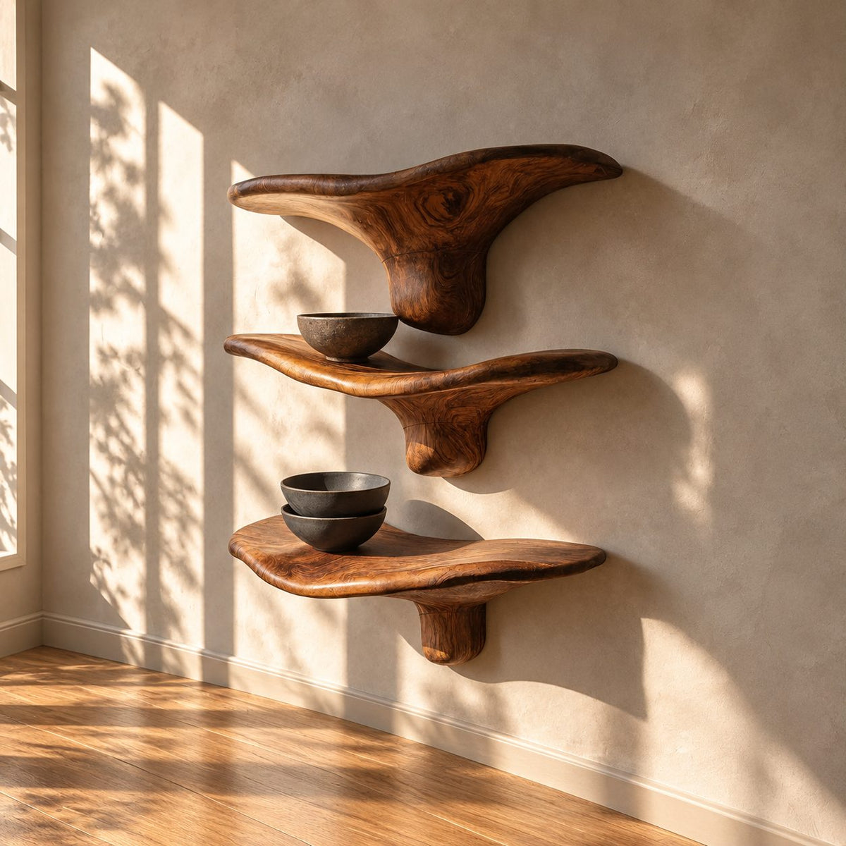 Winged Mushroom Floating Shelves, Live Edge Solid Wood Wall Shelves with Tapered Drip Stem