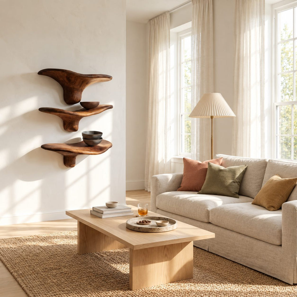 Winged Mushroom Floating Shelves, Live Edge Solid Wood Wall Shelves with Tapered Drip Stem