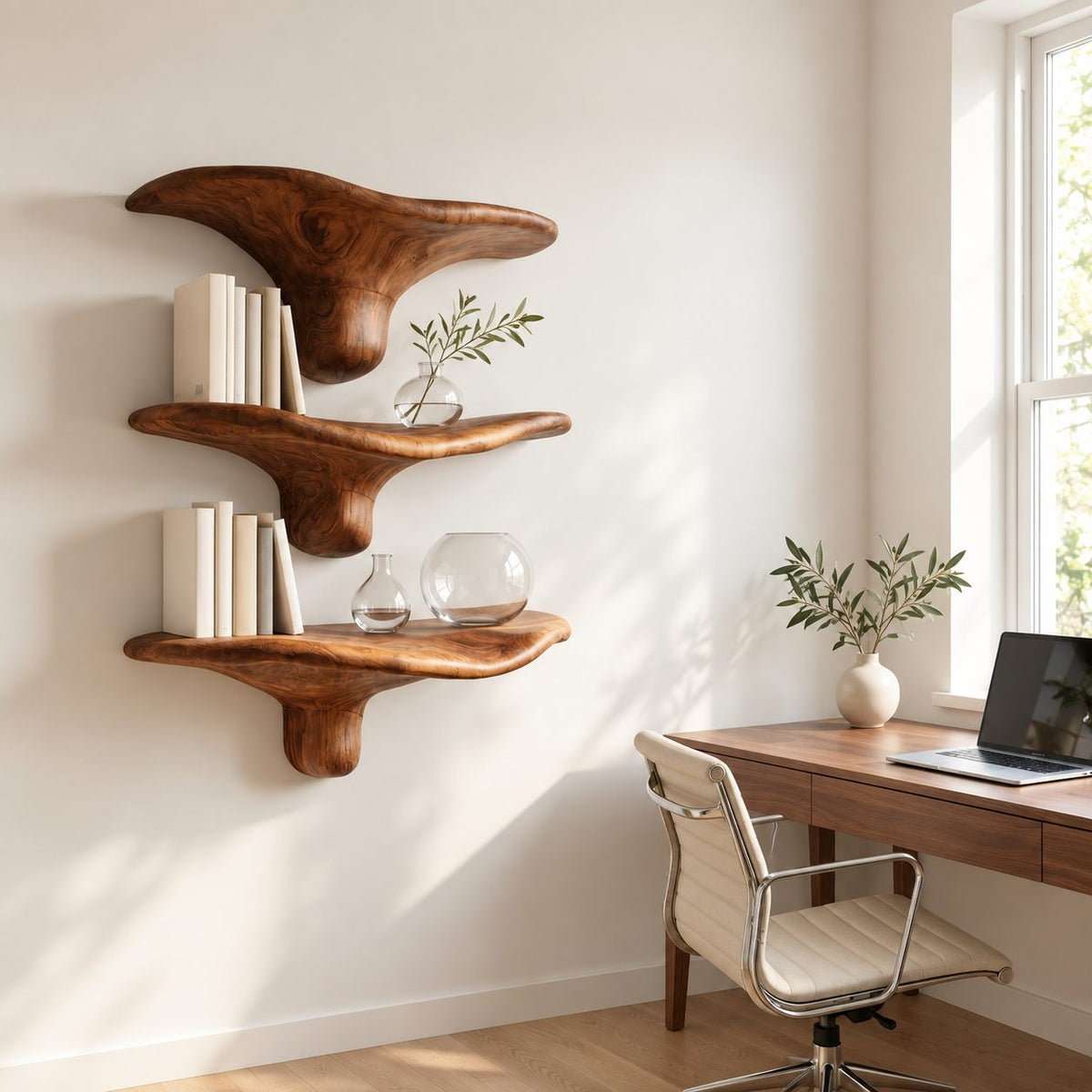 Winged Mushroom Floating Shelves, Live Edge Solid Wood Wall Shelves with Tapered Drip Stem