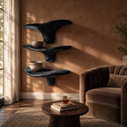 Winged Mushroom Floating Shelves, Live Edge Solid Wood Wall Shelves with Tapered Drip Stem