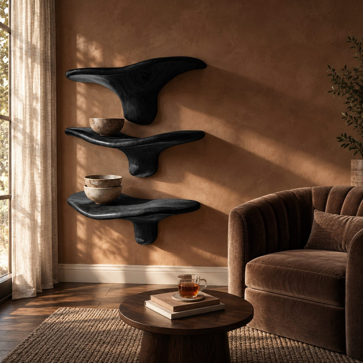 Winged Mushroom Floating Shelves, Live Edge Solid Wood Wall Shelves with Tapered Drip Stem