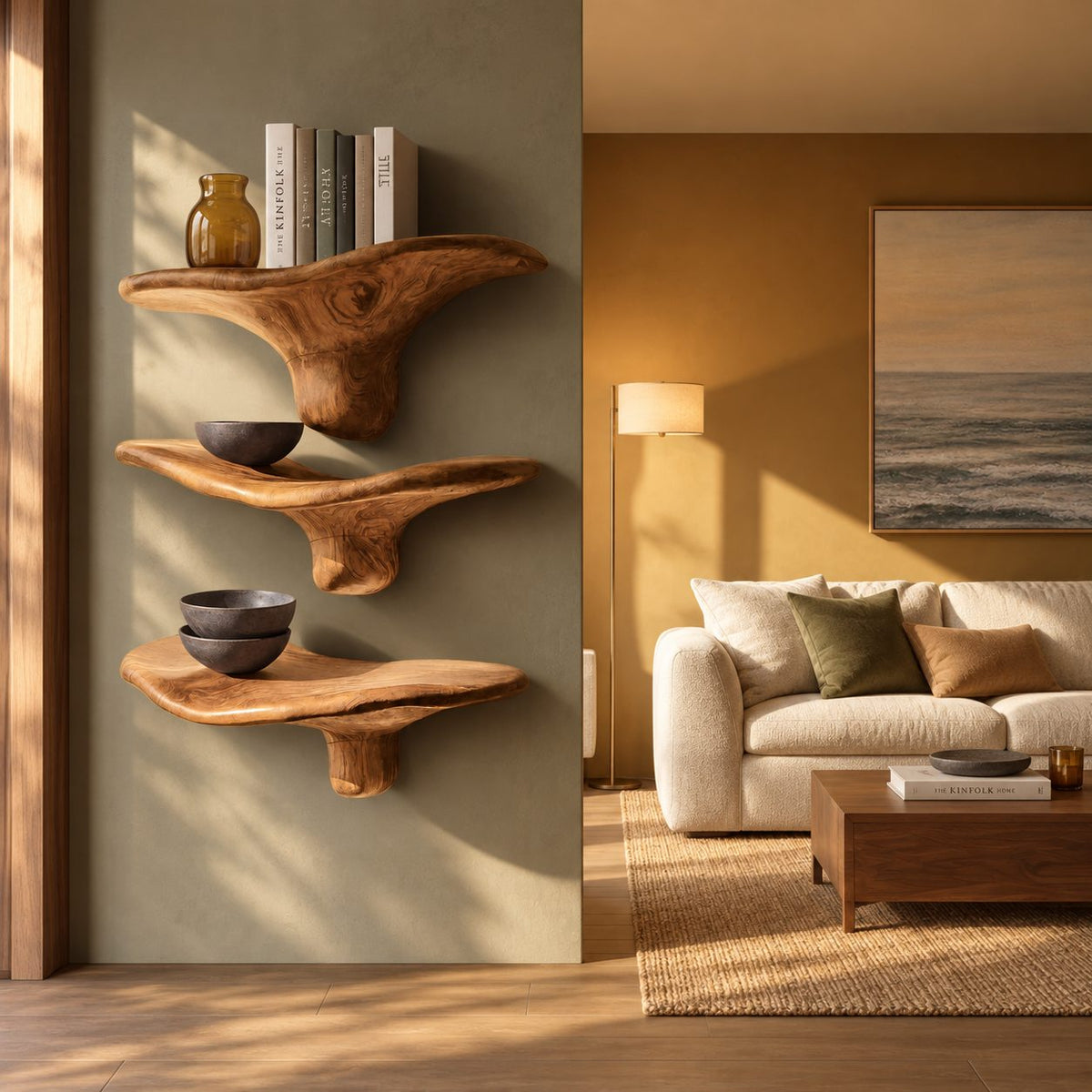 Winged Mushroom Floating Shelves, Live Edge Solid Wood Wall Shelves with Tapered Drip Stem
