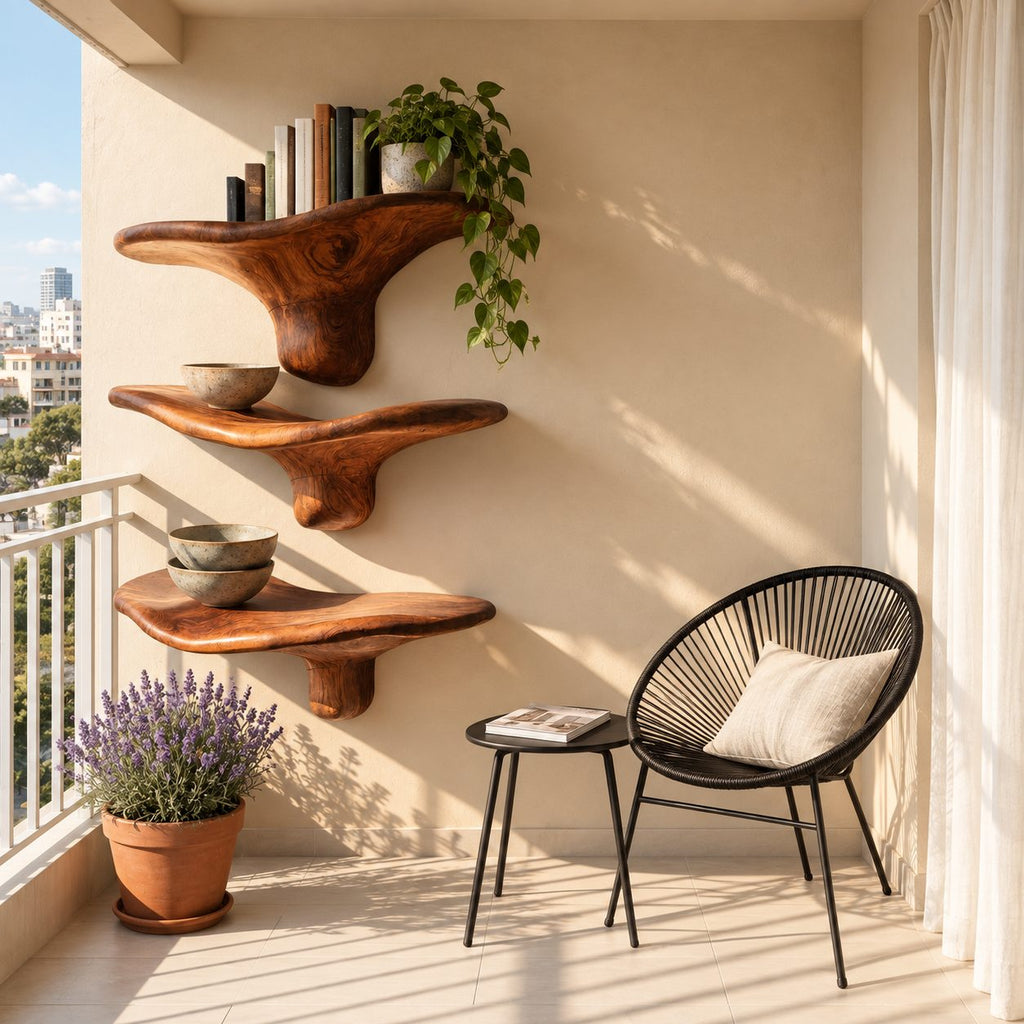 Winged Mushroom Floating Shelves, Live Edge Solid Wood Wall Shelves with Tapered Drip Stem